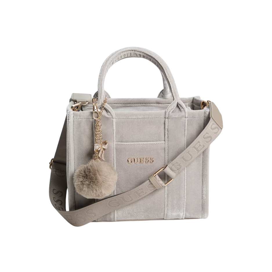 Bolso Guess Gris, terciopelo con pompon y strap de tela