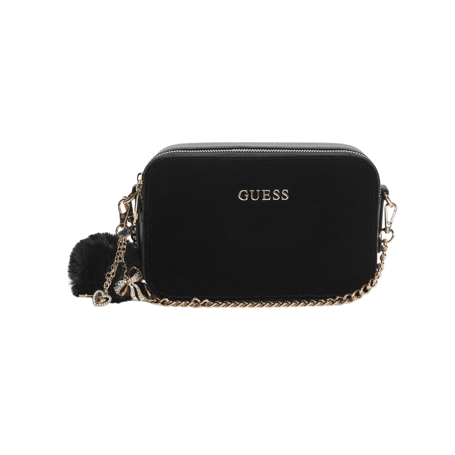 Bolso Guess crossbody Negro, terciopelo, charms, cadena y letras doradas con pompon 